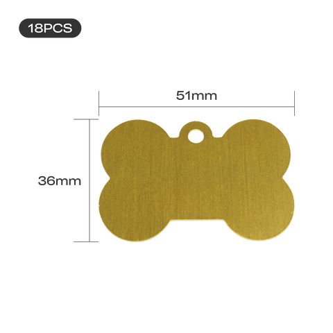 The Creality Falcon Large Multicolor Anodized Aluminum Dog Tag features a gold bone shape, a small top hole, and measures 51mm x 36mm. A "18PCS" label appears in the corner.