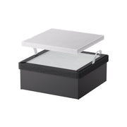 A black rectangular box with a mesh surface and two white pull tabs, topped with a removable high-efficiency filter panel, designed as the Replacement Filter for Falcon A1 Air Purifier by Creality Falcon. The background is plain white.