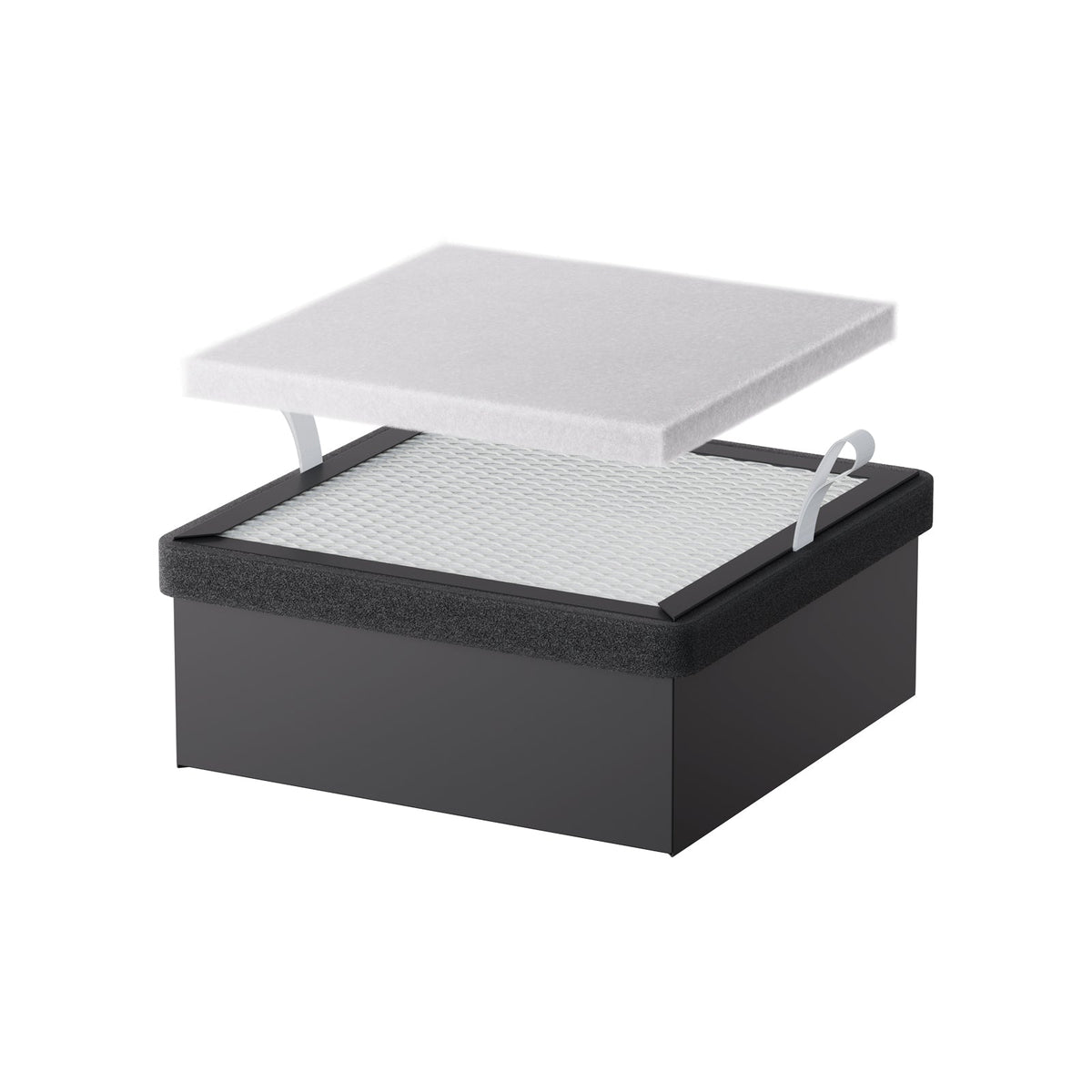 A black rectangular box with a mesh surface and two white pull tabs, topped with a removable high-efficiency filter panel, designed as the Replacement Filter for Falcon A1 Air Purifier by Creality Falcon. The background is plain white.