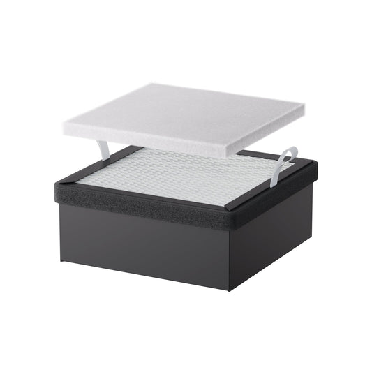 A black rectangular box with a mesh surface and two white pull tabs, topped with a removable high-efficiency filter panel, designed as the Replacement Filter for Falcon A1 Air Purifier by Creality Falcon. The background is plain white. 1600