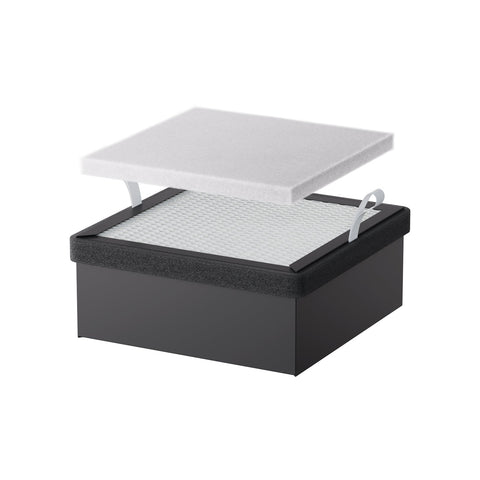 A black rectangular box with a mesh surface and two white pull tabs, topped with a removable high-efficiency filter panel, designed as the Replacement Filter for Falcon A1 Air Purifier by Creality Falcon. The background is plain white.