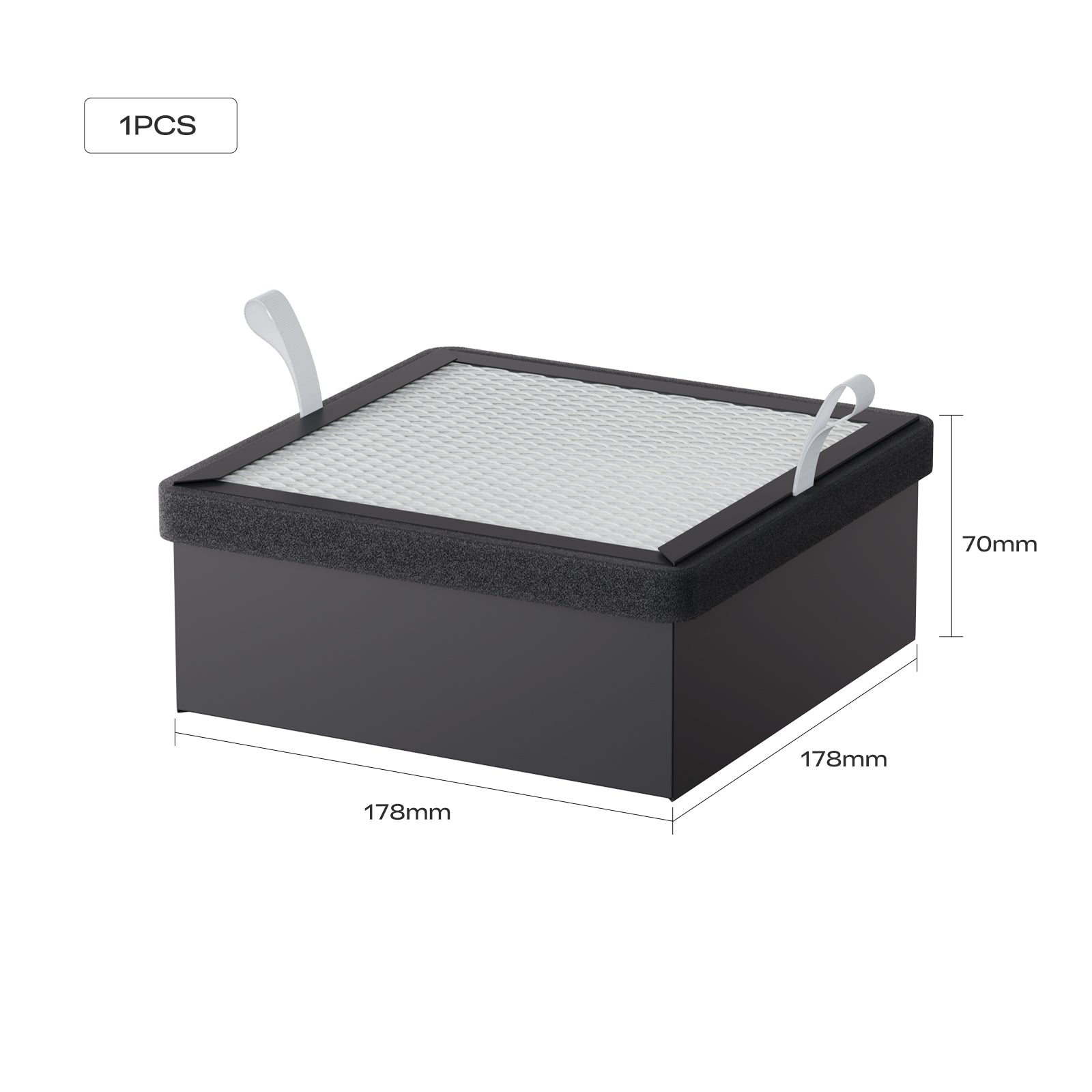 A black rectangular Replacement Filter (178mm x 178mm x 70mm) with white mesh top, two pull tabs, and "1PCS" label. Compatible with Creality Falcon A1 Air Purifier. Brand: Creality Falcon.