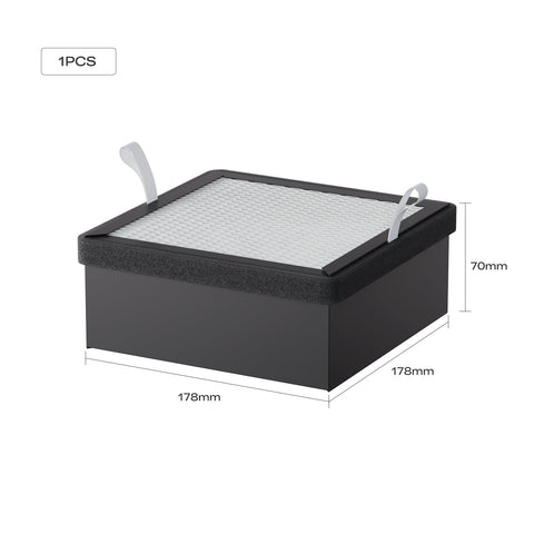 A black rectangular Replacement Filter (178mm x 178mm x 70mm) with white mesh top, two pull tabs, and "1PCS" label. Compatible with Creality Falcon A1 Air Purifier. Brand: Creality Falcon.