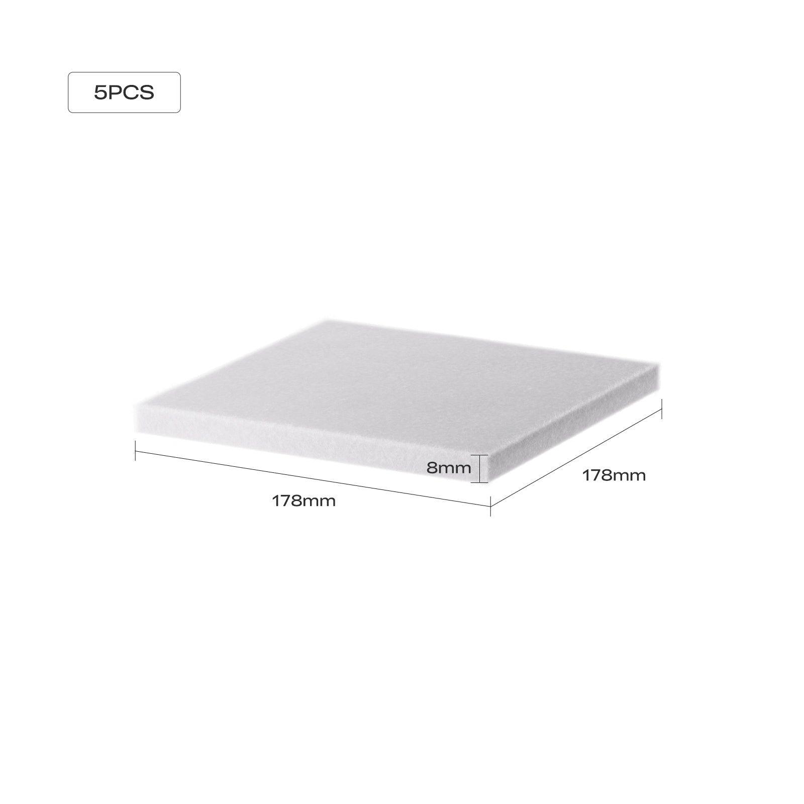 Creality Falcon Replacement Filter for Falcon A1 Air Purifier—rectangular white foam pad (178×178×8mm), labeled “5PCS” on top left, designed for high-efficiency filtration.