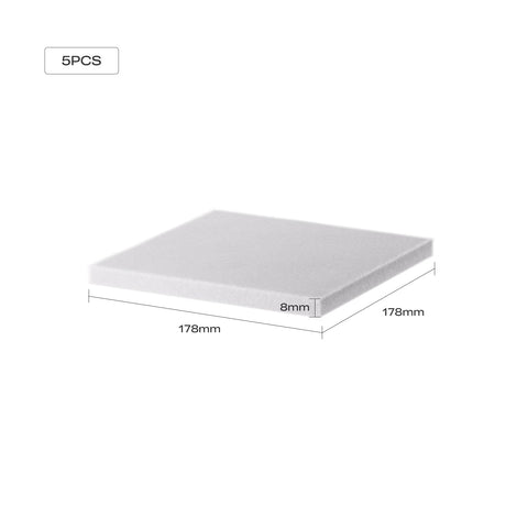 Creality Falcon Replacement Filter for Falcon A1 Air Purifier—rectangular white foam pad (178×178×8mm), labeled “5PCS” on top left, designed for high-efficiency filtration.