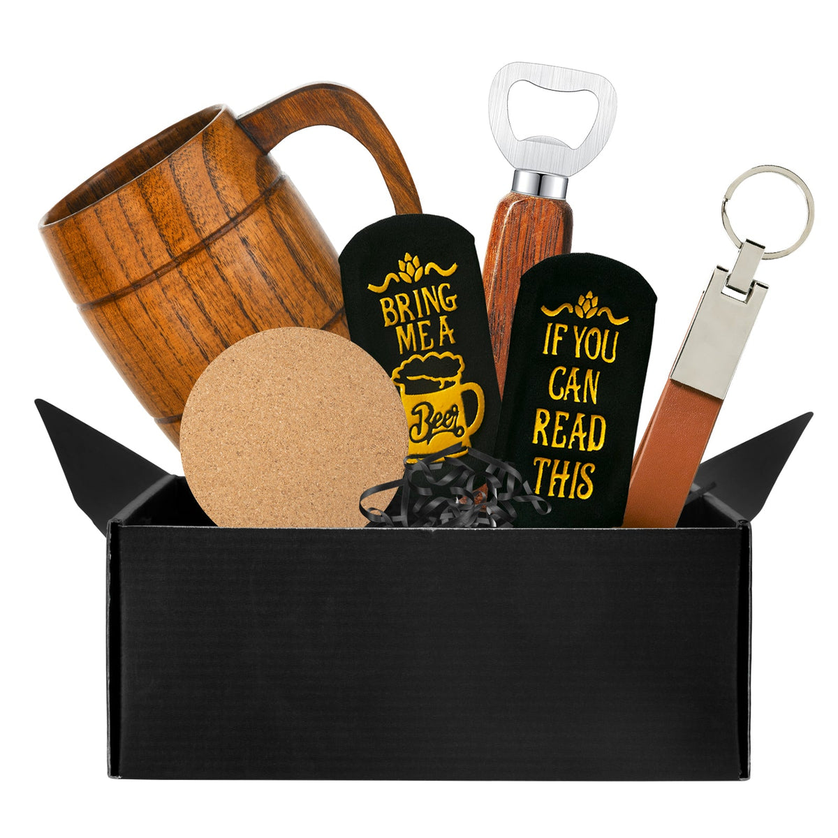 Men's Birthday Gift Set: Beer Opener, Coaster, Wood Mug, Keychain, Socks for Laser Engraving